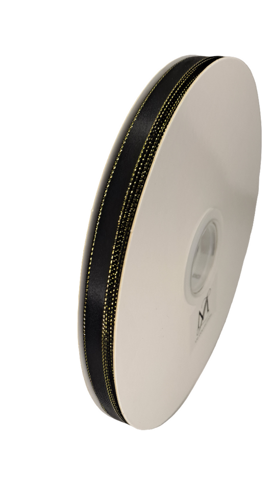 10mm Black Satin Ribbon with Gold trim 90m - LM Collection